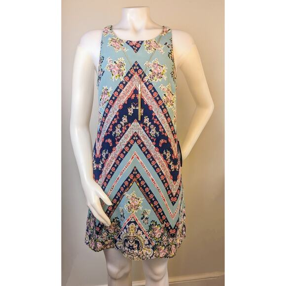 New A Byer Shift Dress Sz Large Midi Sleeveless Flowy Floral Boho Chevron Stripe - Picture 2 of 12